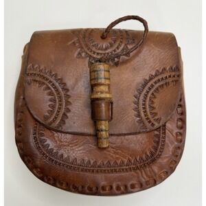 Vintage Festival Hand Tooled Hippie Leather Cognac Shoulder Purse Bag